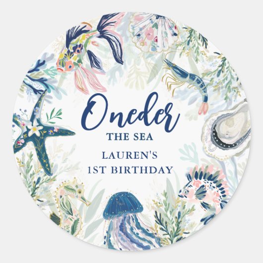 海のOneder 海岸 1歳の誕生日 ラウンドシール (正面)