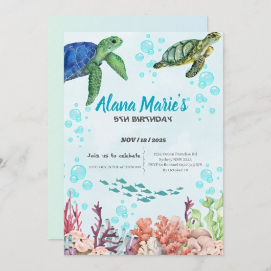 海のTUと水中の誕生日パーティーの招待 招待状 (正面/裏面)
