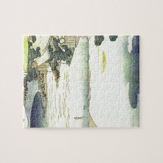 海のWoodblockの芸術によるヴィンテージの日本のな村 ジグソーパズル (横)