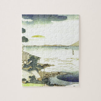 海のWoodblockの芸術によるヴィンテージの日本のな村 ジグソーパズル