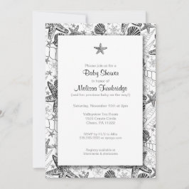 海はヒトデのシルエットのベビーシャワーの招待を殻から取り出します 招待状