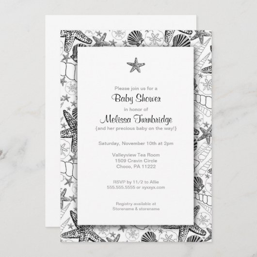 海はヒトデのシルエットのベビーシャワーの招待を殻から取り出します 招待状 (正面/裏面)