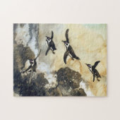 海への飛翔 - アフリカペンギン、日本画 ジグソーパズル (横)