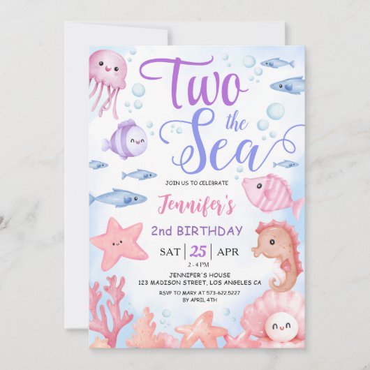 海へようこそ!2歳の誕生日 女の子のためのキュートな海洋のお祝い 招待状 (正面)