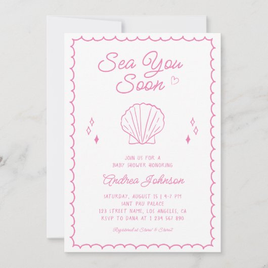 海よ、またね 手描きの貝殻 赤ちゃん歓迎シャワー 招待状 (正面)