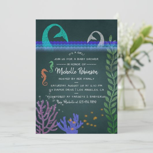 海をテーマにしたマーメイドチョークボードベビーシャワー招待状 招待状 (スタンド正面)