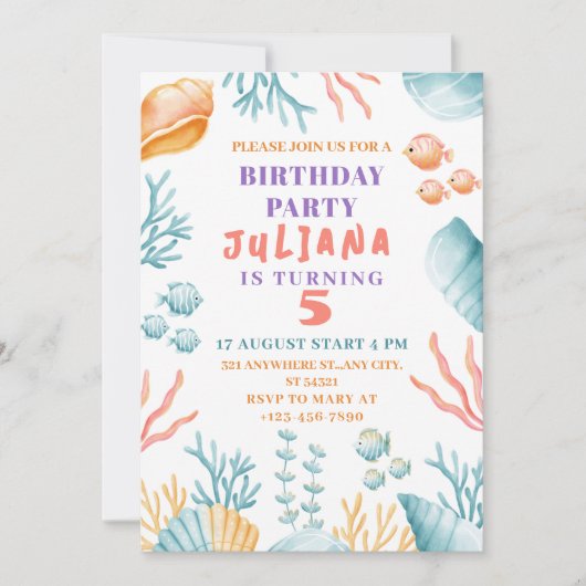 海をテーマにした海女の子の誕生日パーティー 招待状 (正面)