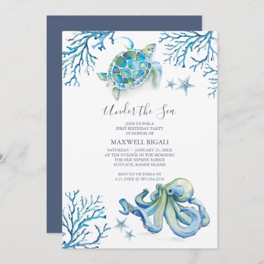 海をテーマにした第1の誕生日招待状 招待状 (正面/裏面)