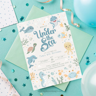 海をテーマにした6歳の誕生日パーティーの招待状。子供たちの海 招待状