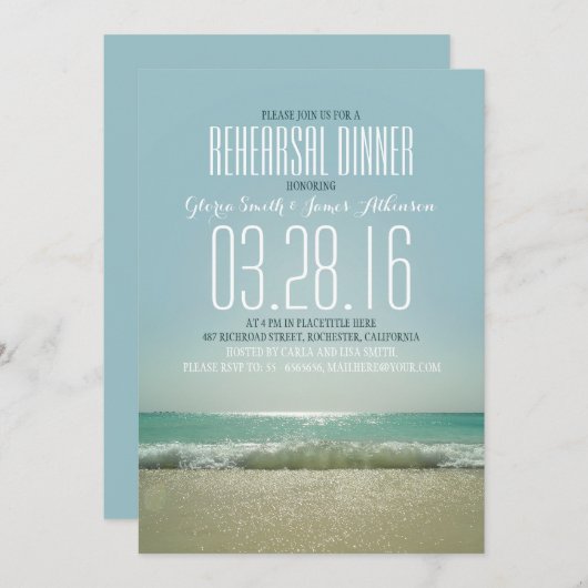 海を持つモダンなビーチのリハーサルの夕食の招待状 招待状 (正面/裏面)