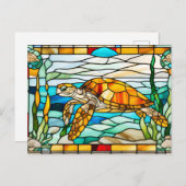 海を泳ぐステンドグラスのアカウミガメ ポストカード (正面/裏面)