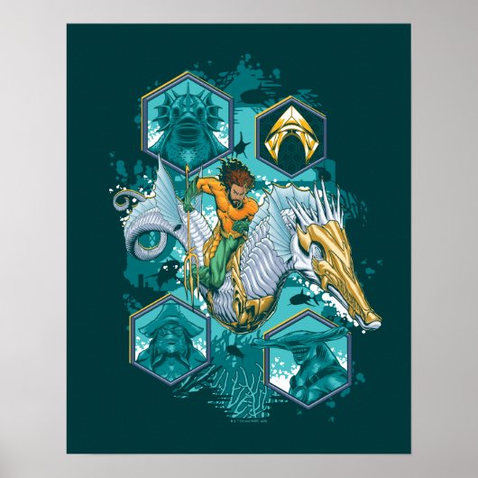 海を渡る海の馬に乗るアクアマン ポスター (正面)