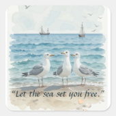 海を自由に設定 – ビーチとカモメの水 スクエアシール (正面)