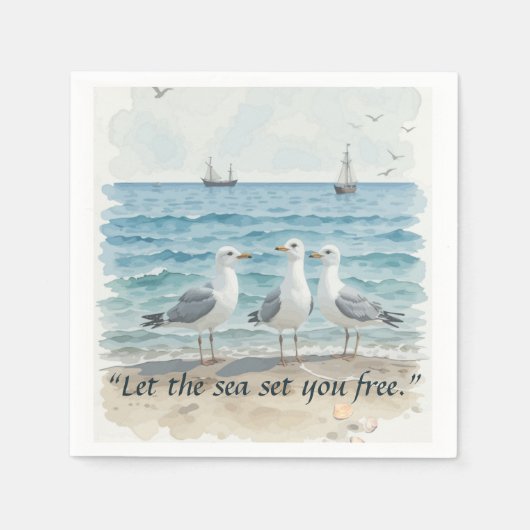 海を自由に設定 – ビーチとカモメの水 スタンダードカクテルナプキン (正面)