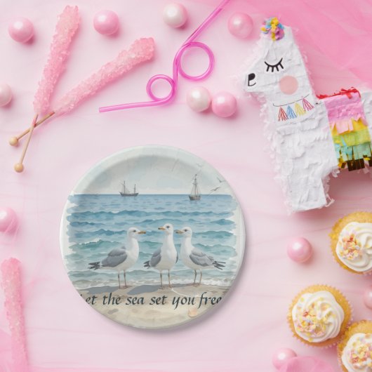 海を自由に設定 – ビーチとカモメの水 ペーパープレート (パーティー)