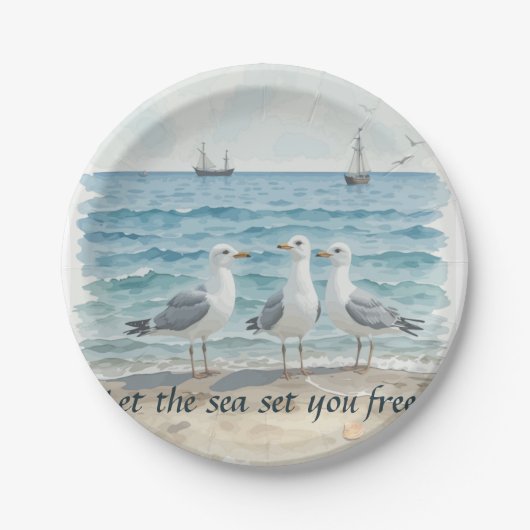 海を自由に設定 – ビーチとカモメの水 ペーパープレート (正面)