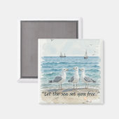 海を自由に設定 – ビーチとカモメの水 マグネット (正面/裏面)