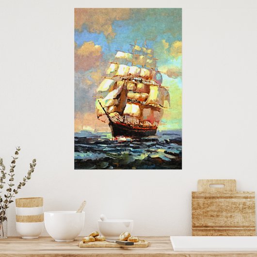 海を航行する帆船（抽象化） ポスター (キッチン)