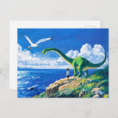 海を見下ろすアニメ少年とブラチオサウルス シーズンポストカード (正面/裏面)