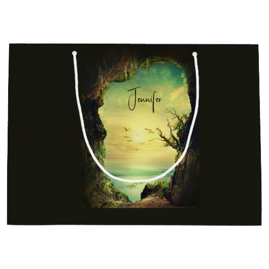 海を見下ろす洞窟の写真誕生日 ラージペーパーバッグ (正面)