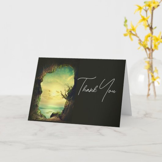海を見下ろす洞窟の風光明媚な写真ありがとう カード (黄色い花)