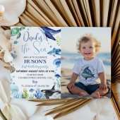 海アニマルボーイファースト誕生日写真招待状 招待状