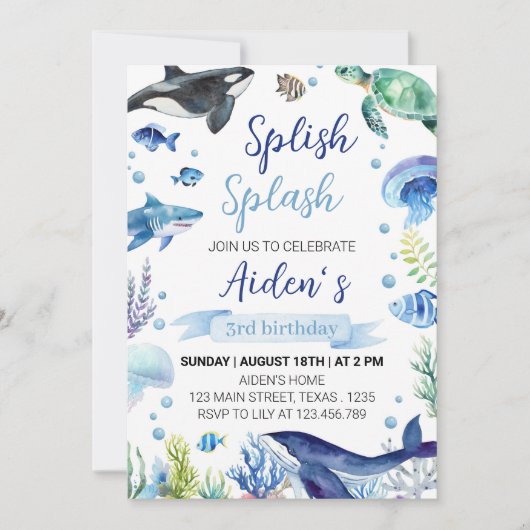 海アニマルボーイ誕生日招待状アンダーザシー 招待状 (正面)