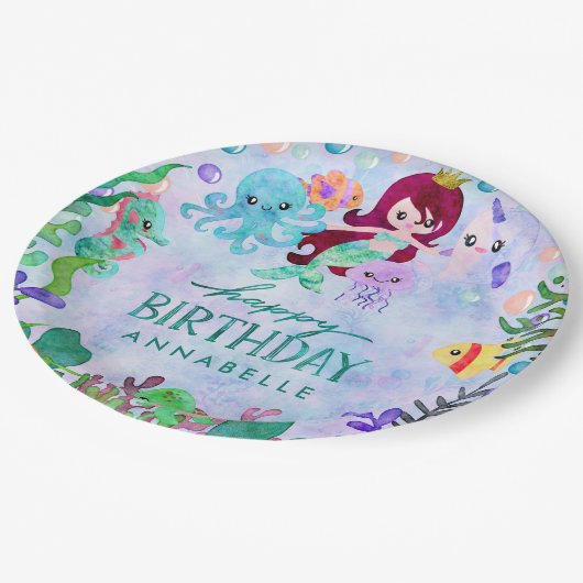 海アンダーザシーマーメイドテーマハッピーバースデー ペーパープレート (アングル)