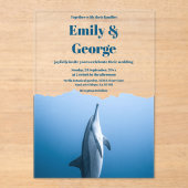 海イルカ海岸下のネイビーブルー結婚 アクリル招待状 (正面)