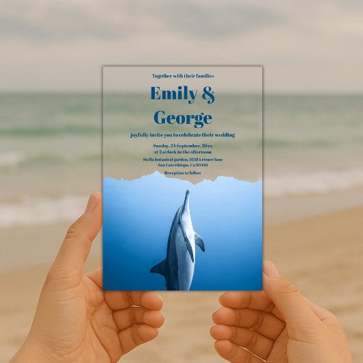 海イルカ海岸下のネイビーブルー結婚 アクリル招待状