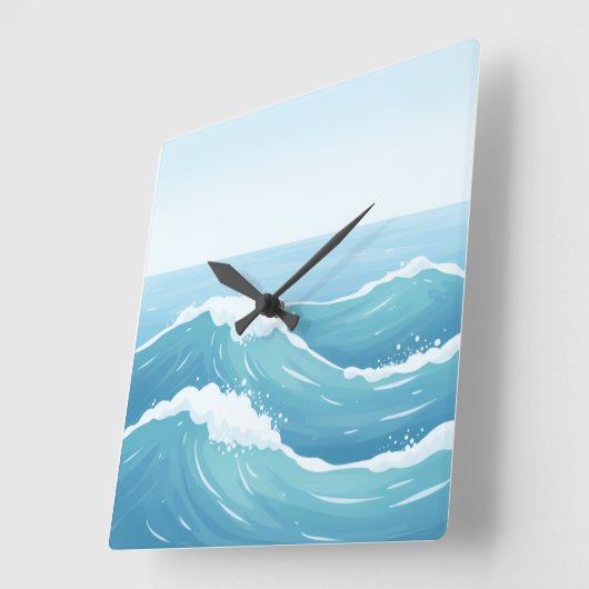 海ウェーブウォールクロック – 青と白の沿岸設計 スクエア壁時計 (傾斜)