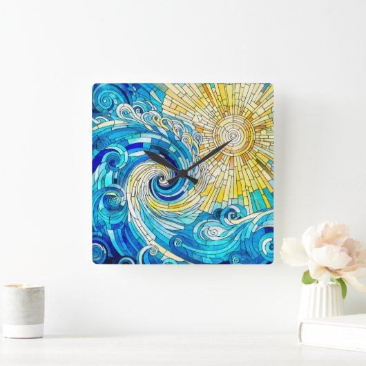 海ウェーブサンモザイクアート スクエア壁時計 (ホーム)