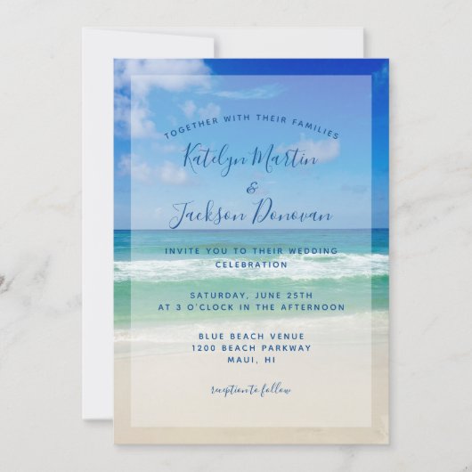 海ウェーブフォトシック熱帯ビーチブルー結婚ズ 招待状 (正面)
