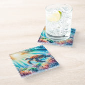 海ウミガメの下 ガラスコースター (アングル)