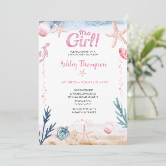 海ウミガメピンクの女の子ヒトデ赤ちゃんシャワー 招待状 (スタンド正面)