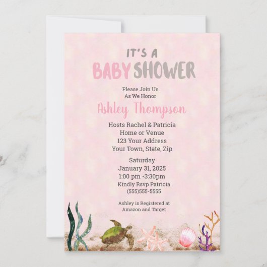 海ウミガメピンクの女の子ヒトデ赤ちゃんシャワー 招待状 (正面)
