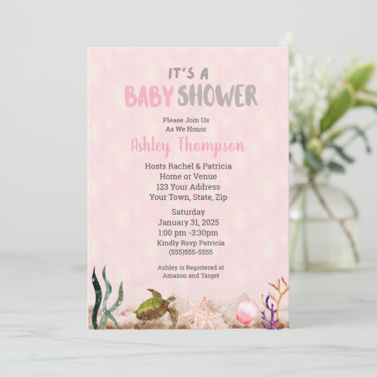 海ウミガメピンクの女の子ヒトデ赤ちゃんシャワー 招待状 (スタンド正面)