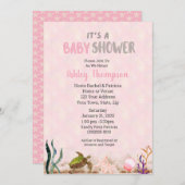 海ウミガメピンクの女の子ヒトデ赤ちゃんシャワー 招待状 (正面/裏面)