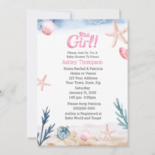 海ウミガメピンクの女の子ヒトデ赤ちゃんシャワー 招待状 (正面)