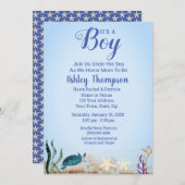 海ウミガメ青い男の子ヒトヒトデ赤ちゃんシャワー 招待状 (正面/裏面)