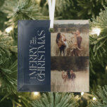 海エレガントのモダンミニマル数々の写真 ガラスオーナメント<br><div class="desc">写真エレガントネイビ数々のー青い水の色の植物性タイポグラフィメリーのクリスマスの休日のオーナメント。</div>