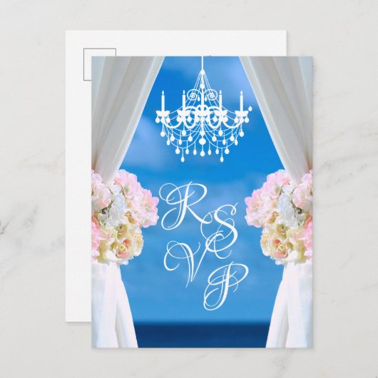 海エレガントビーチシャンデリアサマーウェディングRSVP 案内ポストカード (正面/裏面)