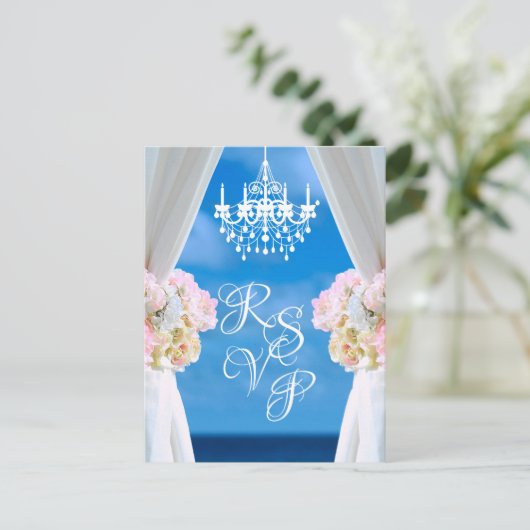 海エレガントビーチシャンデリアサマーウェディングRSVP 案内ポストカード (スタンド正面)