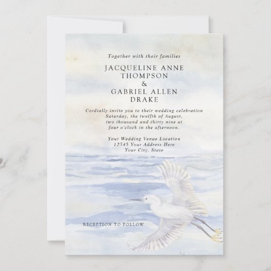 海エレガントビーチ沿岸クレーンブルーとホワイト 招待状 (正面)