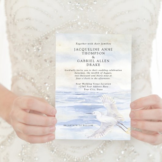 海エレガントビーチ沿岸クレーンブルーとホワイト 招待状
