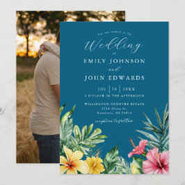 海エレガントブルー熱帯フローラ結婚写真 招待状