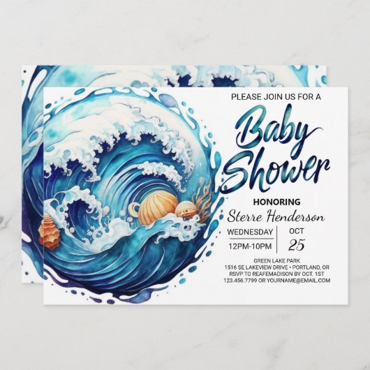 海エレガント波赤ちゃんシャワー 招待状 (正面/裏面)