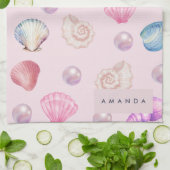 海カスタムモノグラムコースタルシーシェルパールの贈り物 キッチンタオル (折り畳み)