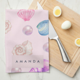 海カスタムモノグラムコースタルシーシェルパールの贈り物 キッチンタオル