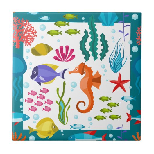海カラフルの植物と動物の漫画イラストレーション タイル (正面)